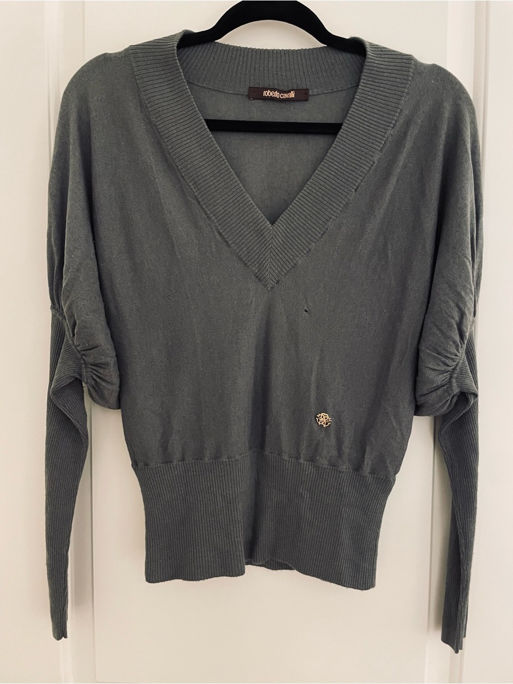 Roberto Cavalli Gray Ruched V‑Neck Sweater – Size S (Flaw)